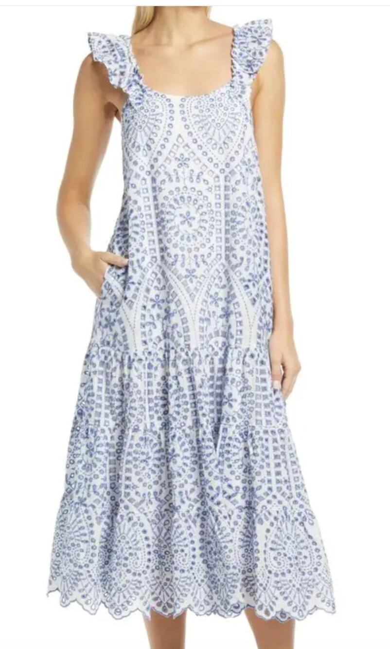 BTFL-life Women's Eyelet Midi Dress Medium Blue Sundress Boho Broderie Anglaise